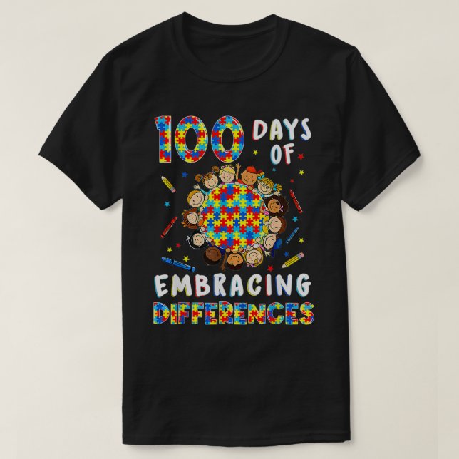 Skillnader i Cute Autism Awareness Embrace 100 dag T Shirt (Design framsida)