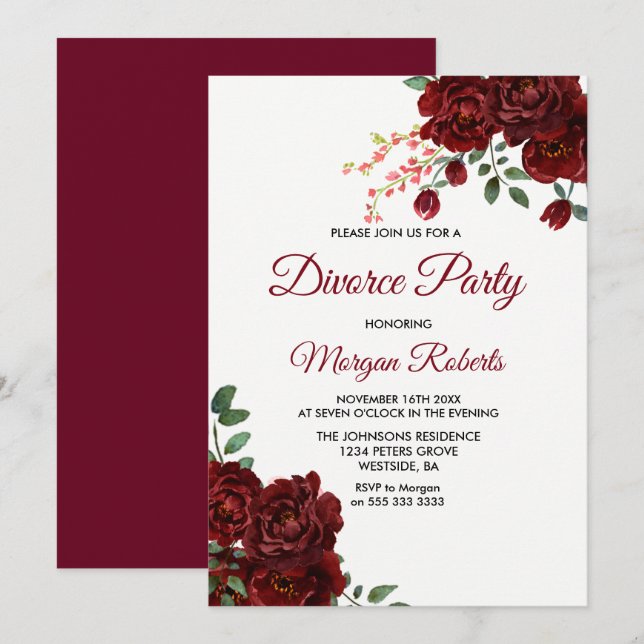 Skilsmässan i Blommigten Burgundy Röd ros Party In Inbjudningar (Fram/baksida)
