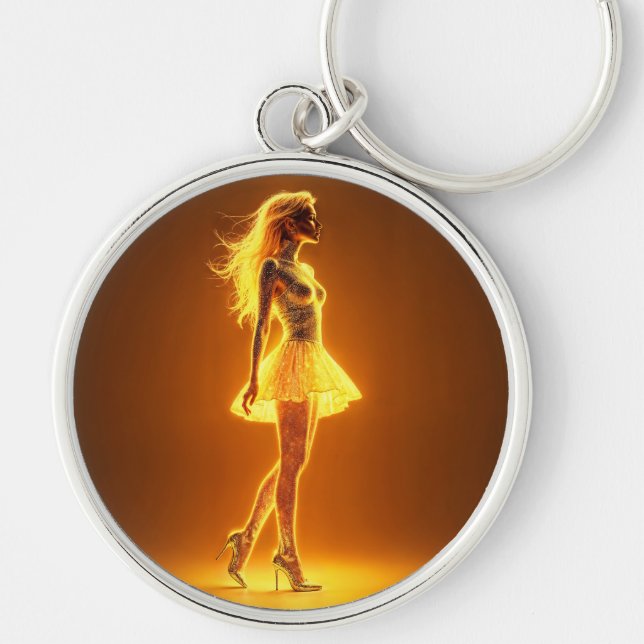 Skimlig skönhet i snyggt guldklädsel rund silverfärgad nyckelring (Framsidan)