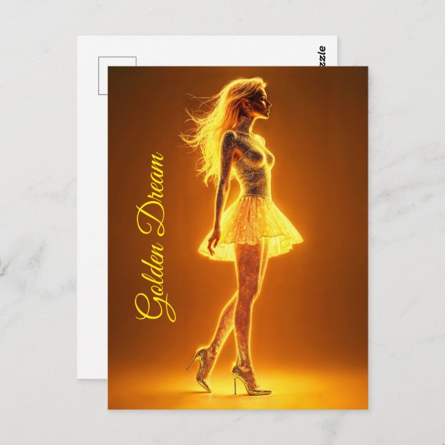 Skimlig skönhet i snyggt guldklädsel vykort (Fram/baksida)