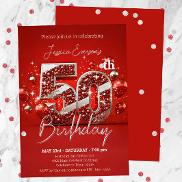 Skimrande röd och Silver 50:e Födelsedagsfesten Inbjudningar