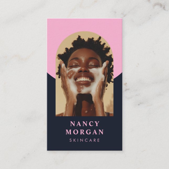 Skincare Arch Photo QR Code rosa and navy Visitkort (Framsida)