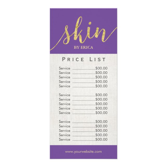 Skincare Salon Spa Esthetician Lila Pris List Reklamkort (Framsidan)