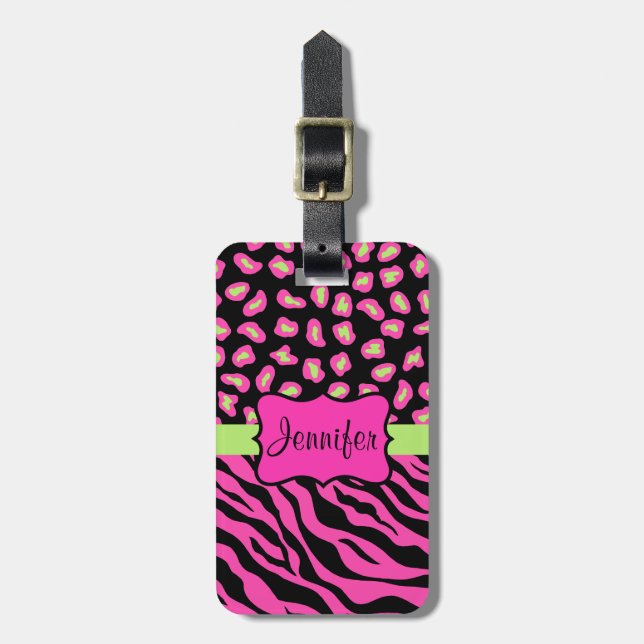 Skinsarna rosa, Black & Lime Green Zebra & Cheetah Bagagebricka (Vertikal Framsida)