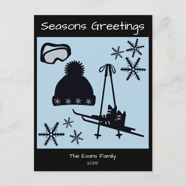 Skis, hat, goggles & snowflakes holiday vykort (Framsida)
