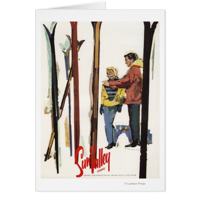 Skis står upp i Snö med lite Poster Hälsningskort (Framsidan)