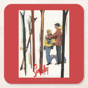 Skis står upp i Snö med lite Poster Underlägg Papper Kvadrat