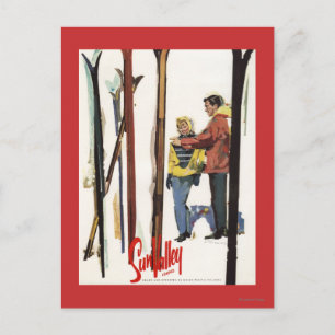Skis står upp i Snö med lite Poster Vykort