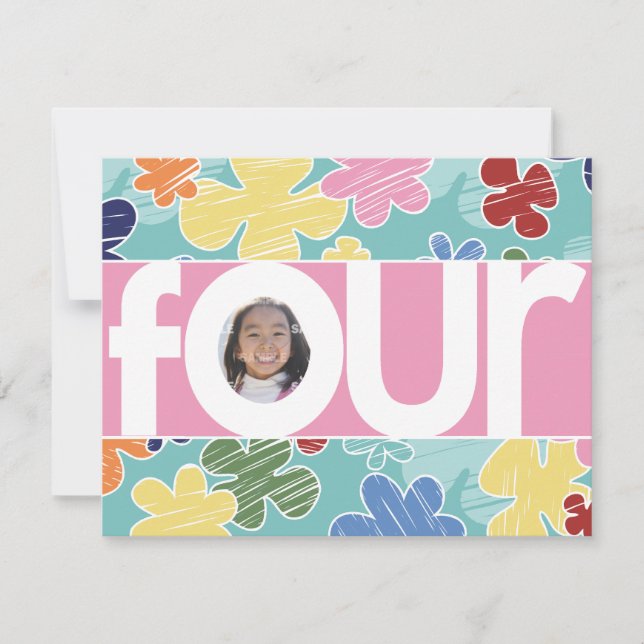 Skischsblommor 4e födelsedagen Party Rosa Inbjudningar (Framsida)