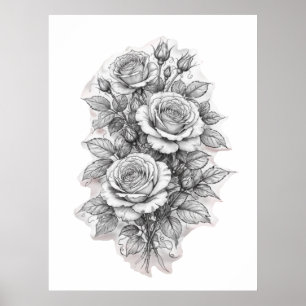 Skiss av delikat romantisk rosenbukett poster