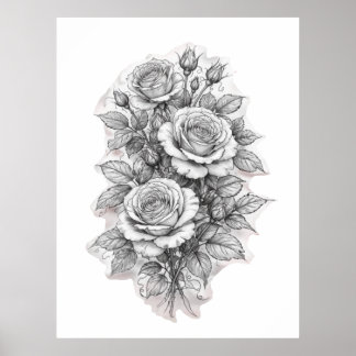 Skiss av delikat romantisk rosenbukett poster