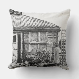 skiss av hund i trädgård med växter och staket kudde