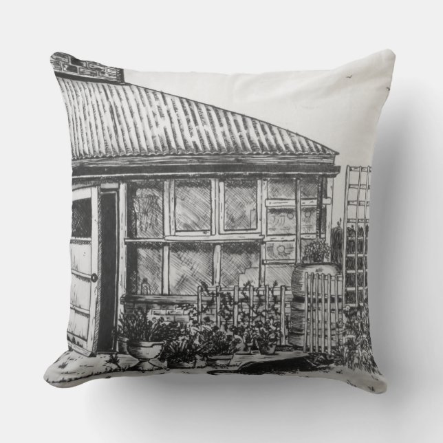 skiss av hund i trädgård med växter och staket kudde (Framsida)