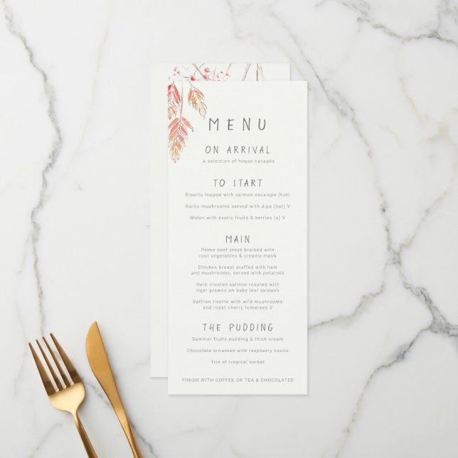 Skiss av skal av våtfärg på bröllop mellan gräs oc meny (Fram/Back In Situ)