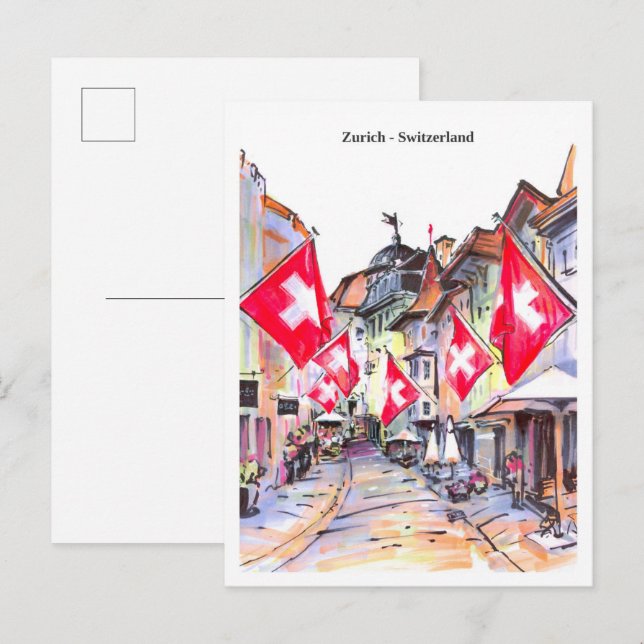 Skiss mysig gata Zürich Schweiz Vykort (Fram/baksida)
