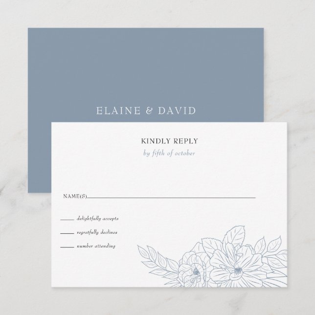 Skiss över Bröllop i Blommigten Dusty Blue Minimal OSA Kort (Fram/baksida)