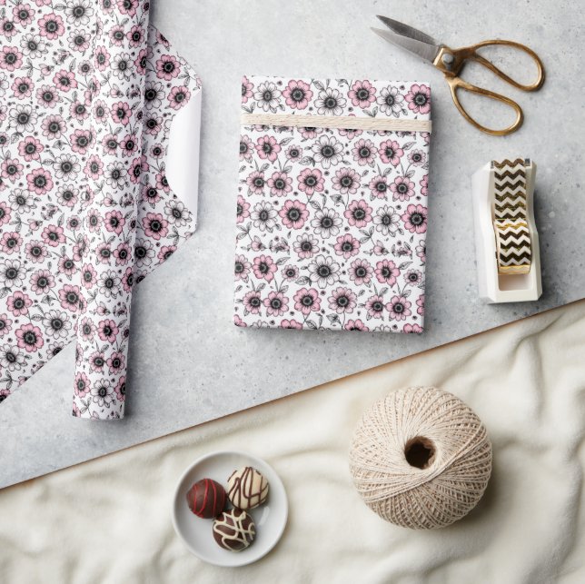 Skiss över rosa och löv presentpapper (Hantverk)