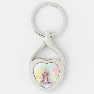 Skiss över vattenfärgen hand plockade twisted heart silverfärgad nyckelring