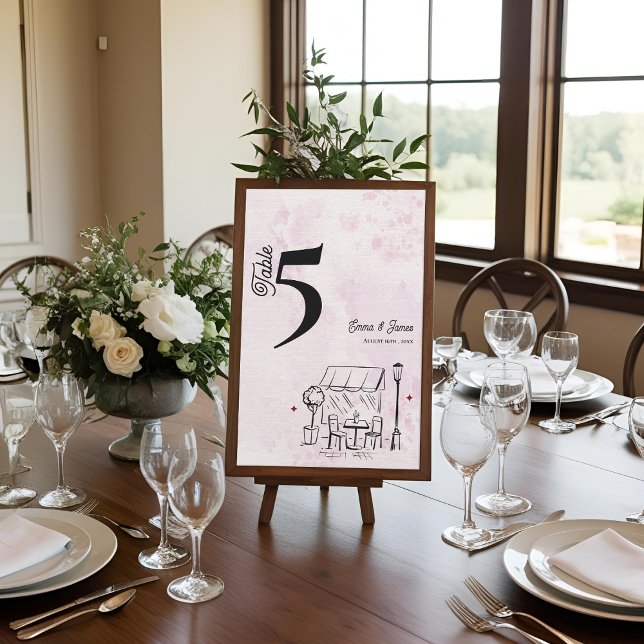 Skiss på rosa café för bröllopsbordets nummerskylt tack kort (Pink Café Sketch Wedding Reception Table Number)