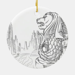 Skissa av den Singapore turismlandmarken - Merlion Julgransprydnad Keramik