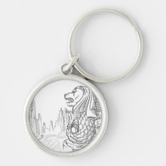 Skissa av den Singapore turismlandmarken - Merlion Rund Silverfärgad Nyckelring