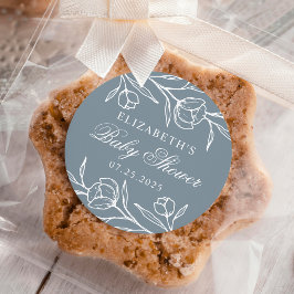 Skissad Blommigt Dusty Blue Baby Shower Runt Klistermärke