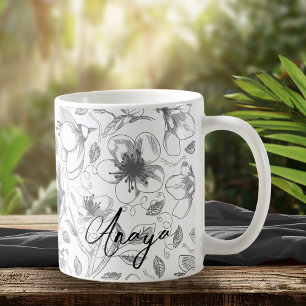 Skissad Blommigt kontur Mönster Grått/Wht ID939 Kaffemugg