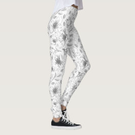 Skissad Blommigt kontur Mönster Grått/Wht ID939 Leggings
