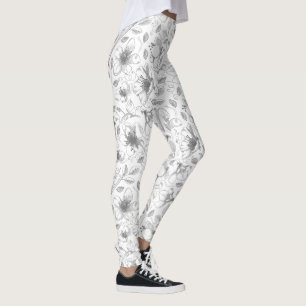 Skissad Blommigt kontur Mönster Grått/Wht ID939 Leggings