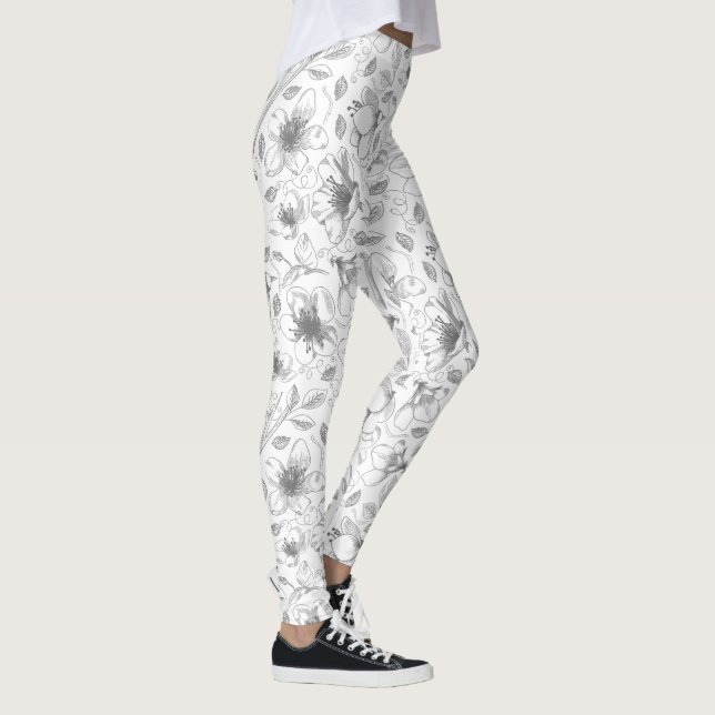 Skissad Blommigt kontur Mönster Grått/Wht ID939 Leggings (Höger)