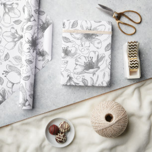 Skissad Blommigt kontur Mönster Grått/Wht ID939 Presentpapper