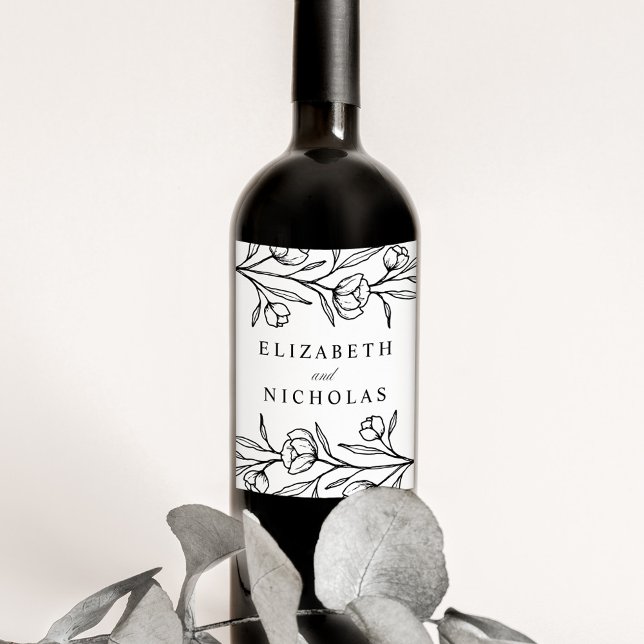 Skissad blomster svart-vit bröllop vinflaska etikett (Skapare uppladdad)