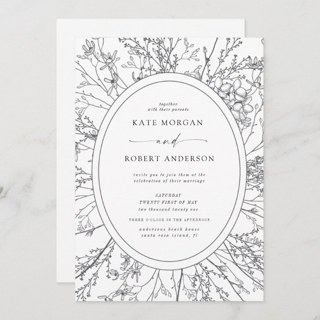 skissad inbjudan till modern blommigt-bröllop (Fram/baksida)