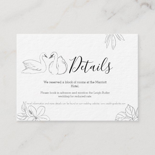 Skissad svan och blomsterbrölloppsdetaljkort tilläggskort (Framsida)