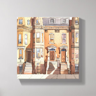 Skissade Brownstones Boston Street Målning Canvastryck