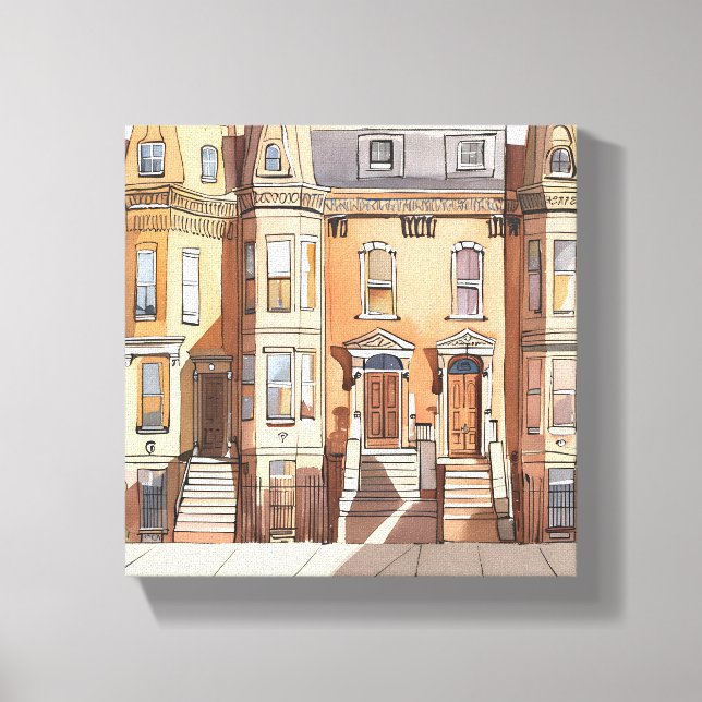 Skissade Brownstones | Boston Street målning Canvastryck (Framsida)