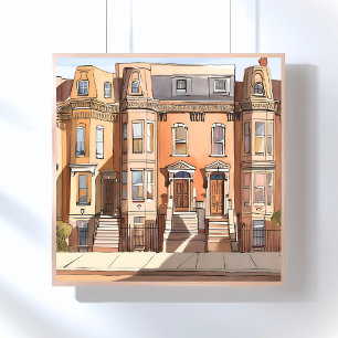 Skissade Brownstones Boston Street-målning Poster