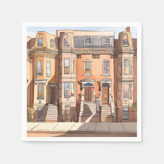 Skissade Brownstones | Boston Streetmålning Pappersservett (Framsidan)
