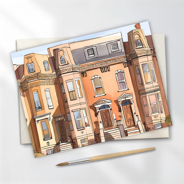 Skissade Brownstones | Boston Streetmålning Vykort (Skapare uppladdad)