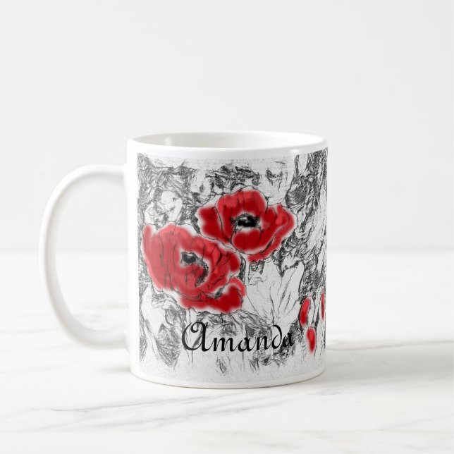 Skissade handritade röda vallmo blommor blomster kaffemugg (Vänster)