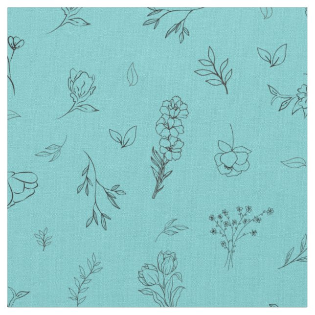 Skissade vildblommor på ljust teal tyg (Närbild)