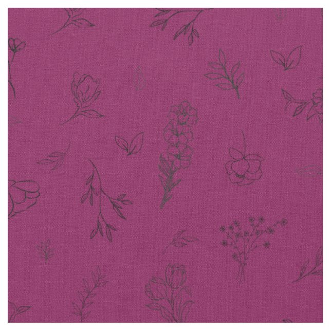 Skissade vildblommor på mörkt rosa tyg (Närbild)