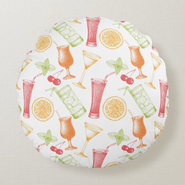 Skissat coctailmönster rund kudde (Framsidan)