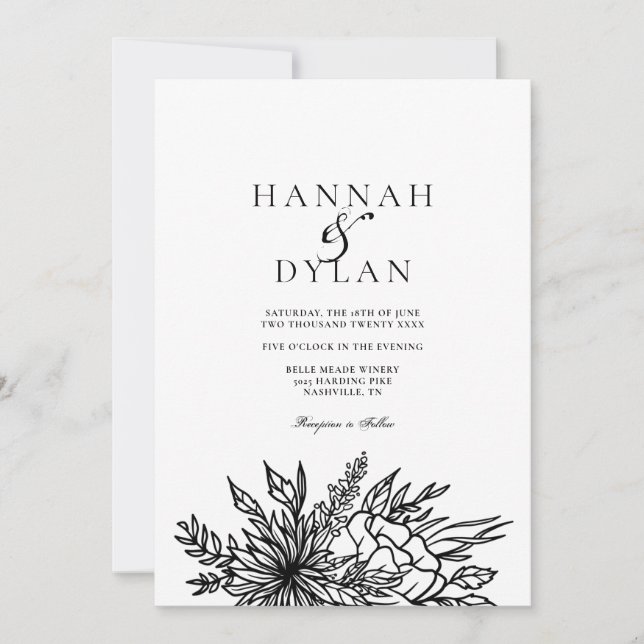 Skisserad botanisk bukett bröllops QR-kod Inbjudningar (Framsida)