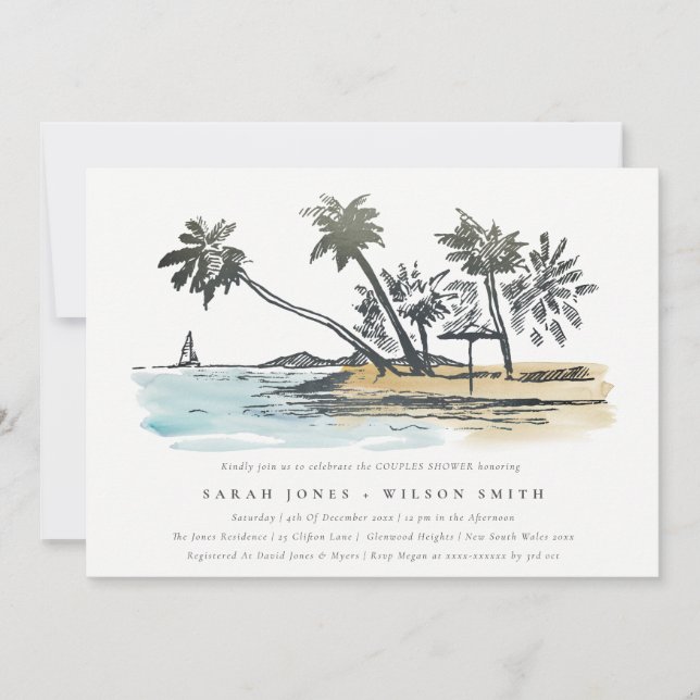 Skissor för Tropical Beach Handflatan Träd Sketch  Inbjudningar (Framsida)
