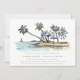 Skissor för Tropical Beach Handflatan Träd Sketch Inbjudningar