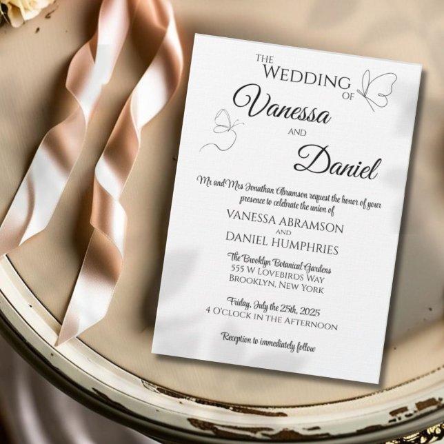 Skitched Butterflies Elegant bröllop-inbjudan Inbjudningar (Create your own timeless wedding invitation featuring calligraphy style text and sketched butterfly)