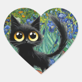 Skittish Black Cat i fält i Lila Irises Hjärtformat Klistermärke