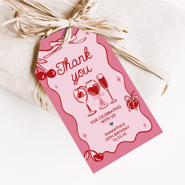 Skittlrosa Smutsiga Trettio Födelsedagsfest Presentetikett (Hand Drawn Cherry Dirty Thirty Birthday Party Favor Tags)