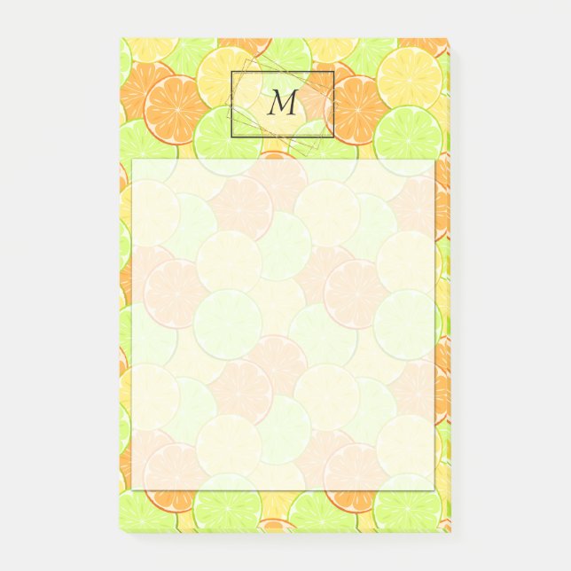 Skivor med orange, citron, limmer efter det att de post-it block (Framsida)